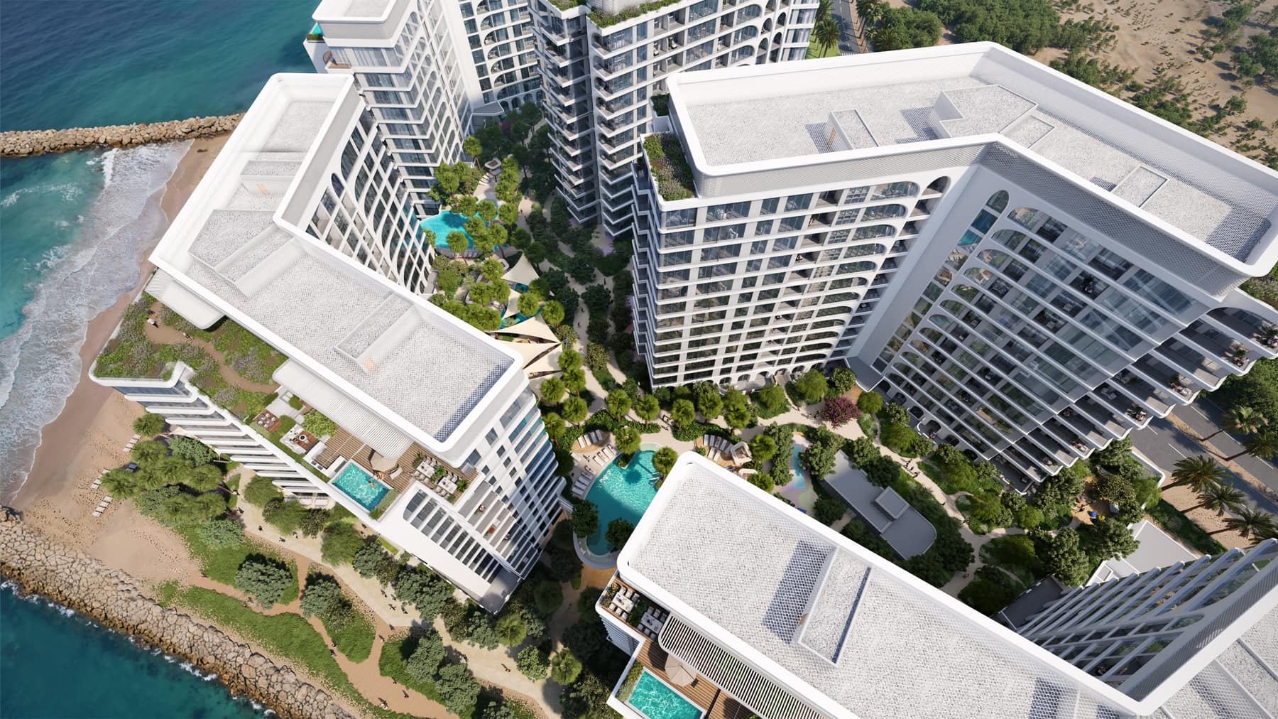 Podium pools and gardens above the beach