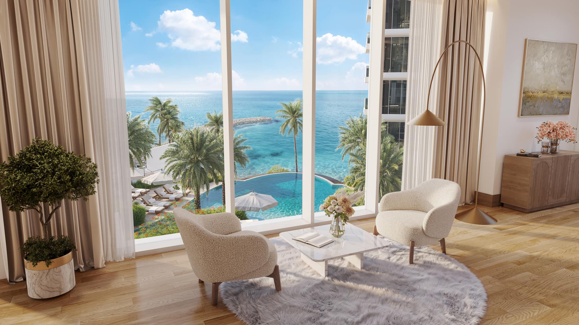 Living room with floor-to-ceiling sea views over the pool deck